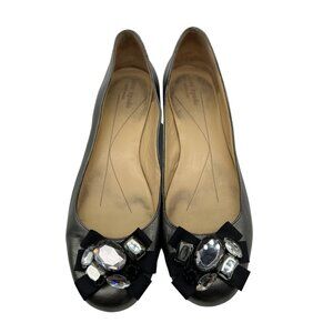 Kate Spade New York Dark Silver Grey Metallic Leather Rhinestone Flats 9
